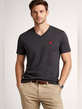 Burberry Men’s Black V-Neck T-Shirt Red Logo Cotton Tee size medium